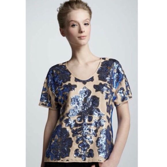 Tracy Reese Blouse Neiman Marcus Target Sequin Top Royal Blue Beige Tan New - Picture 2 of 10